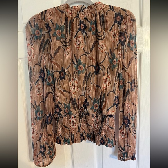 Floral Smocked Waist Long Sleeve Top - Beige/Teal - Picture 2 of 6